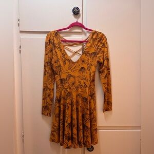 Kimchi Blue Mustard Floral Long-Sleeve Dress with Crisscross Back